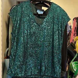 CeCe Teal Sequin V-Neck Blouse